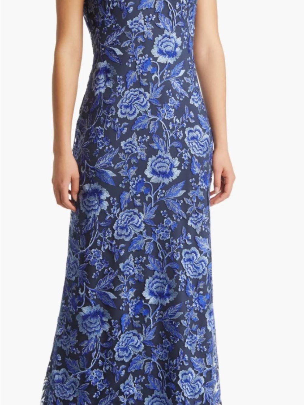 Tadashi Shoji Navy Floral Embroidered Evening Gown